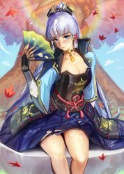 Rule 34 | 1girl, arm guards, armor, armored dress, autumn leaves, ayaka (genshin impact), blue eyes, blunt bangs, bow, breastplate, breasts, choker, cleavage, collarbone, commentary, fingerless gloves, folding fan, genshin impact, gloves, hair bow, hair ornament, hair ribbon, hair tubes, hand fan, head tilt, highres, holding, holding fan, ja mong, japanese clothes, leaf, long hair, looking at viewer, maple leaf, mole, mole under eye, ponytail, ribbon, rope, shimenawa, short sleeves, sidelocks, silver hair, sitting, smile, solo, tree, tress ribbon