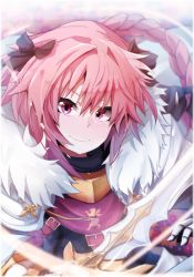 Rule 34 | 1boy, astolfo (fate), bad id, bad pixiv id, blush, braid, cape, fate/apocrypha, fate (series), fur-trimmed cape, fur trim, gauntlets, hair ribbon, highres, holding, holding sword, holding weapon, long hair, male focus, pink eyes, pink hair, ribbon, single braid, smile, solo, sword, trap, upper body, wada kazu, weapon
