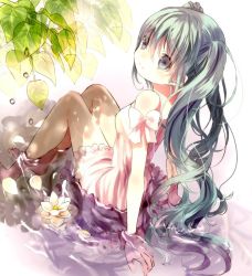 Rule 34 | 1girl, arm support, bad id, bad pixiv id, breasts, dress, green eyes, green hair, hatsune miku, leaf, long hair, looking back, matching hair/eyes, opopowa, partially submerged, shade, sitting, small breasts, soaking feet, solo, twintails, very long hair, vocaloid, water