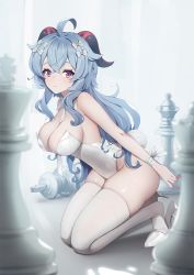 Rule 34 | 1girl, ahoge, ankkoyom, bare arms, bare shoulders, blue hair, breasts, chess piece, cleavage, detached collar, fake tail, ganyu (genshin impact), genshin impact, goat horns, highleg, highleg leotard, highres, horns, kneeling, leotard, long hair, looking at viewer, medium breasts, playboy bunny, purple eyes, rabbit tail, skindentation, solo, strapless, strapless leotard, tail, thighhighs, thighs, white leotard, white theme, white thighhighs
