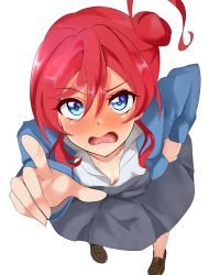 Rule 34 | 1girl, blue eyes, blush, breasts, cleavage, downblouse, eine (ein-faust), from above, hair bun, hand on own hip, highres, looking at viewer, looking up, love live!, love live! superstar!!, open mouth, pointing, pointing at viewer, red hair, school uniform, shoes, short hair, skirt, small breasts, solo, standing, yoneme mei, yuigaoka school uniform