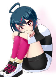 Rule 34 | 1girl, ahoge, black hair, black shorts, blush, commentary request, covered mouth, highres, hugging own legs, knees up, looking at viewer, momoda yasuhito, multicolored hair, original, pink hair, pink thighhighs, red eyes, shirt, shoes, short shorts, short sleeves, shorts, solo, streaked hair, striped clothes, striped shirt, thighhighs, white footwear
