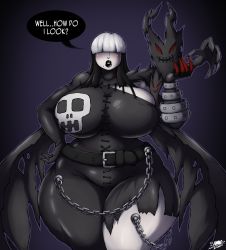 Rule 34 | 1girl, absurdres, belt, chain, cosplay, covered eyes, digimon, highres, ladydevimon, ladydevimon (cosplay), original, skull, solo