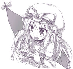 Rule 34 | 1girl, aged down, female focus, gap (touhou), hat, lock heart (juuryokudou), long hair, monochrome, open mouth, simple background, solo, touhou, white background, yakumo yukari, yakumo yukari (young)