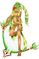 Rule 34 | 1girl, anklet, bow (weapon), breasts, cleavage, dark skin, flygon, full body, green hair, groin, highres, jewelry, legband, long hair, looking at viewer, medium breasts, midriff, nail polish, navel, open mouth, parted lips, personification, pokemon, red eyes, red nails, sandals, standing, standing on one leg, tattoo, tribal, twintails, veil, weapon, yuei (win)