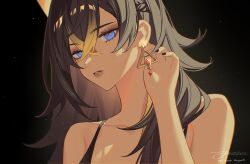 Rule 34 | 1girl, black background, black hair, black nails, blonde hair, blue eyes, commentary, crossed bangs, dark-skinned female, dark skin, dehya (genshin impact), earrings, english commentary, eyelashes, genshin impact, highres, jesse (pixiv34586727), jewelry, lips, long hair, looking at viewer, makeup, multicolored hair, nail polish, orange pupils, parted lips, signature, simple background, solo, streaked hair, upper body