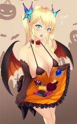 Rule 34 | 1girl, bare shoulders, black gloves, blonde hair, blue eyes, blush, boku wa tomodachi ga sukunai, breasts, bug, butterfly, butterfly hair ornament, cait aron, candy, choker, clothes lift, collarbone, demon wings, dress, dress lift, elbow gloves, fang, food, gloves, hair between eyes, hair ornament, halloween, head tilt, highres, insect, kashiwazaki sena, large breasts, lifted by self, long hair, looking down, no bra, open mouth, orange dress, sidelocks, skin fang, solo, standing, surprised, sweatdrop, twintails, v-shaped eyebrows, wings