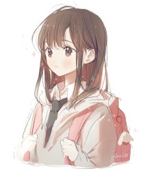 Rule 34 | 1girl, artist name, backpack, bag, bag charm, black necktie, blush, brown eyes, brown hair, charm (object), frown, gomzi, grey hoodie, holding strap, hood, hood down, hoodie, long hair, long sleeves, necktie, original, sketch, solo, sparkle, upper body, white background