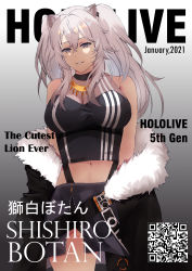 Rule 34 | 1girl, absurdres, animal ears, black jacket, breasts, character name, cleavage, cover, english text, fake magazine cover, fur trim, gradient background, grey eyes, grey hair, grey skirt, hair between eyes, highres, hololive, jacket, large breasts, lion ears, lion girl, magazine cover, navel, off shoulder, qr code, reezuri, see-through, see-through cleavage, shishiro botan, shishiro botan (1st costume), skirt, smile, solo, virtual youtuber