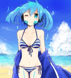Rule 34 | 1girl, ;), akebisousaku, bad id, bad pixiv id, beach, bikini, blue hair, blush, breasts, cloud, day, ene (kagerou project), facial mark, front-tie bikini top, front-tie top, groin, kagerou project, navel, one eye closed, outdoors, sand, short hair, short twintails, small breasts, smile, solo, striped bikini, striped clothes, swimsuit, twintails, water