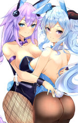 Rule 34 | 2girls, absurdres, back, backless outfit, bare back, bare shoulders, bimmy, blue hair, bow, breasts, brown pantyhose, cleavage, commission, detached sleeves, fishnet pantyhose, fishnets, ganyu (genshin impact), genshin impact, goat horns, highres, horns, large breasts, leotard, long hair, long sleeves, looking at viewer, looking back, multiple girls, neptune (series), pantyhose, playboy bunny, purple heart (neptunia), rabbit tail, solo, tail, white sleeves