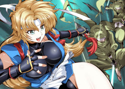 Rule 34 | 1girl, bare legs, black leotard, blonde hair, bouncing breasts, breasts, eyebrows, feet, fighting, fingerless gloves, gauntlets, gloves, green eyes, headband, holding, holding sword, holding weapon, impossible clothes, impossible leotard, japanese clothes, jumping, kuikome sagi, large breasts, legs, leotard, long hair, looking back, martial champion, ninja, open mouth, racheal, sandals, skin tight, smile, sword, thighs, toes, weapon