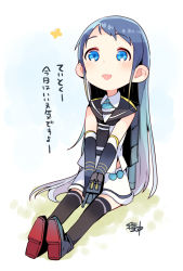 Rule 34 | 1girl, :d, backpack, bag, black neckerchief, black thighhighs, blue eyes, blue hair, blush, bug, butterfly, elbow gloves, gloves, insect, kantai collection, long hair, neckerchief, open mouth, samidare (kancolle), school uniform, serafuku, shoes, short bangs, sidelocks, signature, sitting, skirt, smile, solo, taneda yuuta, thighhighs, translation request, turret, very long hair, white skirt