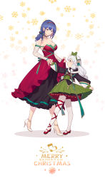 Rule 34 | 2girls, absurdres, animal ears, bare shoulders, black dress, black jacket, blue eyes, blue hair, blush, braid, breasts, cleavage, closed mouth, clothes lift, detached sleeves, douwo mkd, dp-12 (girls&#039; frontline), dress, dress lift, earrings, full body, girls&#039; frontline, green skirt, grey hair, hair between eyes, hair over shoulder, hairband, highres, jacket, jewelry, ksvk (girls&#039; frontline), lace sleeves, large breasts, long hair, mother and daughter, multiple girls, red dress, sidelocks, skirt, smile, standing, two-tone dress, very long hair