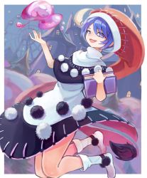 Rule 34 | 1girl, :3, :d, absurdres, blob, blue eyes, blue hair, book, border, castle, commentary request, creeper (gametime), crescent moon, doremy sweet, dress, ferris wheel, hair between eyes, hands up, hat, highres, holding, holding book, huge filesize, looking at viewer, moon, nightcap, no shoes, open mouth, outside border, pom pom (clothes), red hat, revision, short hair, smile, socks, solo, tail, tapir tail, touhou, white border, white dress, white socks