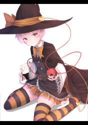 Rule 34 | 1girl, alternate costume, bad id, bad pixiv id, bag, belt, black dress, bow, cape, dress, halloween, halloween costume, hat, hat bow, highres, komeiji satori, letterboxed, long sleeves, looking at viewer, pink eyes, pink hair, rerrere, short hair, sitting, smile, solo, striped clothes, striped thighhighs, thighhighs, third eye, touhou, wariza, wide sleeves, witch, witch hat, zettai ryouiki