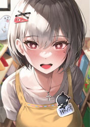 Rule 34 | 1girl, absurdres, ankh necklace, apron, blush, collarbone, grey hair, hair ornament, havoc-chan, highres, indoors, looking at viewer, mole, mole under eye, open mouth, original, red eyes, round teeth, shirt, short hair, short sleeves, solo, star-shaped pupils, star (symbol), suou-sensei, symbol-shaped pupils, teeth, upper body, upper teeth only, white shirt, x hair ornament, yellow apron