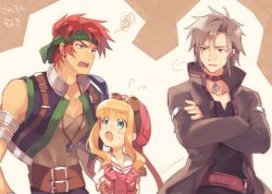 1girl 2boys :o agate_crosner belt black_shirt blonde_hair blue_eyes coat commentary_request crossed_arms eiyuu_densetsu gloves goggles goggles_on_head green_headband grey_coat grey_hair headband jewelry leonhardt_(eiyuu_densetsu) long_hair multiple_boys necklace purple_eyes red_eyes red_gloves red_hair riarashu scar scar_on_face shirt short_hair sora_no_kiseki squiggle sweat teeth tita_russell upper_teeth_only