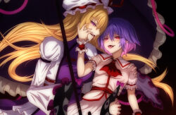 Rule 34 | 2girls, ascot, blonde hair, commentary, dress, gap (touhou), hat, long hair, long sleeves, looking at viewer, merihari07, mob cap, multiple girls, pointy ears, purple dress, purple eyes, purple hair, purple tabard, red ascot, red eyes, remilia scarlet, saliva, saliva trail, short hair, short sleeves, smile, tabard, tongue, tongue out, touhou, umbrella, very long hair, wide sleeves, wrist cuffs, yakumo yukari, yuri