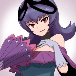 Rule 34 | 1girl, bellelba (pokemon), breasts, cleavage, commentary request, creatures (company), dress, eyelashes, game freak, gloves, green dress, grey gloves, hair between eyes, hand fan, hand up, highres, holding, holding fan, long hair, nintendo, off-shoulder dress, off shoulder, pokemon, pokemon bw2, purple hair, red eyes, sabrina (pokemon), saon101, smile, solo, tiara, upper body