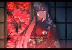 Rule 34 | 1girl, black hair, blue eyes, closed mouth, commentary request, floral print, gradient hair, japanese clothes, kimono, letterboxed, long hair, looking at viewer, multicolored hair, obi, red hair, red kimono, sash, shadow, smile, solo, tayuta (avsytw4jguvya8p), tohno akiha, tree, tsukihime, two-tone hair, upper body, wide sleeves, yukata