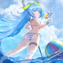 Rule 34 | 1girl, absurdres, ass, back, ball, beachball, bikini, blue eyes, blue hair, breasts, cloud, cloudy sky, commentary request, from behind, girls&#039; frontline, girls&#039; frontline neural cloud, green ribbon, hair ribbon, halterneck, highres, holding, holding staff, holding water gun, legs, long hair, looking at viewer, looking back, max (neural cloud), official alternate costume, outdoors, ponytail, ribbon, side-tie bikini bottom, sky, small breasts, smile, smug, solo, staff, striped bikini, striped clothes, swimsuit, thigh strap, very long hair, wading, water, water gun, wet, wristband, zerowill