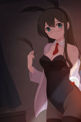 Rule 34 | 1girl, animal ears, azuki-iro, black hair, black pantyhose, blue eyes, breasts, commentary request, cowboy shot, dark, detached collar, dress shirt, hairband, highres, kantai collection, leotard, long hair, looking at viewer, necktie, ooyodo (kancolle), pantyhose, playboy bunny, quill, rabbit ears, red necktie, shirt, small breasts, solo, thighband pantyhose, white shirt