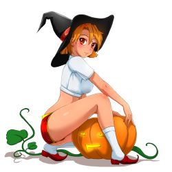 Rule 34 | 1girl, breasts, commentary, crop top, dvach-tan, english commentary, everlasting summer, from side, full body, hair between eyes, hat, highres, huyase, jack-o&#039;-lantern, looking at viewer, medium breasts, orange hair, plant, pumpkin, red eyes, red footwear, shirt, shoes, short hair, short shorts, short sleeves, shorts, simple background, smile, socks, solo, vines, white background, white shirt, white socks, witch hat