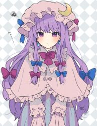 Rule 34 | 1girl, blush, capelet, checkered background, crescent moon, dress, frilled capelet, frills, hat, highres, long hair, looking at viewer, mob cap, moon, moon (ornament), necono (nyu6poko), patchouli knowledge, purple dress, purple eyes, purple hair, purple hat, solo, striped clothes, striped dress, touhou, upper body, vertical-striped clothes, vertical-striped dress, very long hair