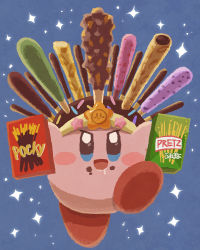 Rule 34 | candy, candy hat ornament, chocolate, facing viewer, food, food on face, highres, holding, holding food, holding pocky, kirby, kirby (series), looking at viewer, miclot, nintendo, no humans, open mouth, pocky, pocky day, saliva, solo, sparkle