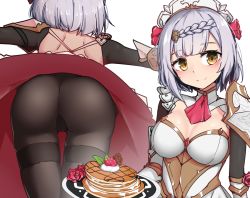 Rule 34 | 1girl, armor, armored dress, ass, breaaad, breasts, cameltoe, clothes lift, dress, dress lift, food, from behind, gauntlets, genshin impact, gloves, grey hair, headdress, looking at viewer, medium breasts, multiple views, noelle (genshin impact), orange eyes, pancake, pancake stack, pantyhose, shiny clothes, shiny skin, short hair, smile, solo, thighband pantyhose