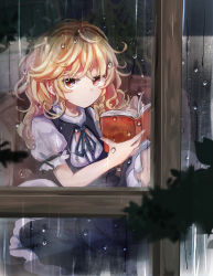 Rule 34 | 1girl, absurdres, air bubble, black skirt, blonde hair, book, bubble, from outside, highres, holding, holding book, kirisame marisa, long hair, looking at viewer, neck ribbon, no headwear, no headwear, open book, puffy short sleeves, puffy sleeves, rain, reading, red eyes, ribbon, shirt, short sleeves, skirt, solo, tigern, touhou, water drop, white shirt