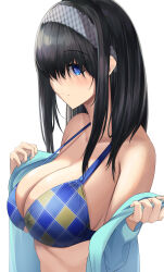 Rule 34 | 1girl, absurdres, arisugawa ya, bare shoulders, bikini, bikini top only, black hair, blue eyes, breasts, cleavage, commentary request, hair between eyes, hairband, highres, idolmaster, idolmaster cinderella girls, large breasts, long hair, looking at viewer, sagisawa fumika, shirt partially removed, solo, swimsuit, upper body, white background