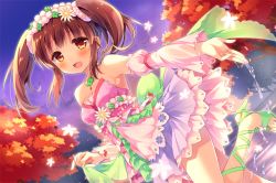 Rule 34 | 10s, 1girl, autumn leaves, beads, blush, brown eyes, brown hair, clover, cross-laced footwear, detached sleeves, dress, dutch angle, flower, four-leaf clover, hair flower, hair ornament, high heels, idolmaster, idolmaster cinderella girls, jewelry, necklace, ogata chieri, open mouth, puffy sleeves, short hair, sidelocks, skirt hold, smile, solo, standing, standing on one leg, strapless, strapless dress, suimya, tree, twintails, water