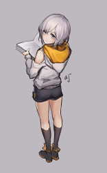 Rule 34 | 1girl, ark john up, black footwear, black socks, black shorts, book, closed mouth, commentary, english commentary, from above, from behind, full body, grey background, grey hair, holding, holding book, hood, hood down, hoodie, kneehighs, long sleeves, looking at viewer, looking back, open book, original, purple eyes, shoes, short hair, shorts, simple background, socks, solo