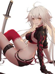 Rule 34 | 1girl, ahoge, arms behind back, asymmetrical legwear, bikini, black bikini, black jacket, breasts, buckle, commentary request, fate/grand order, fate (series), gloves, godoju, hair between eyes, high collar, highres, jacket, jeanne d&#039;arc alter (swimsuit berserker) (fate), jeanne d&#039;arc (fate), jeanne d&#039;arc alter (fate), jeanne d&#039;arc alter (swimsuit berserker) (fate), katana, large breasts, long hair, looking at viewer, o-ring, open mouth, reclining, red thighhighs, shrug (clothing), single thighhigh, sitting, smile, solo, swimsuit, sword, thigh strap, thighhighs, uneven legwear, v-shaped eyebrows, very long hair, weapon, white background, yellow eyes