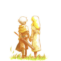Rule 34 | 1boy, 1girl, acolyte (ragnarok online), aged down, artist request, blonde hair, brown gloves, brown shirt, brown shorts, capelet, from behind, full body, gloves, grass, long hair, long sleeves, low-tied long hair, lowres, margaretha sorin, ragnarok online, scabbard, seyren windsor, sheath, shirt, shoes, short hair, shorts, simple background, skirt, standing, sword, swordsman (ragnarok online), third-party source, weapon, white background, white capelet, white hair, white skirt