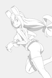 Rule 34 | 10s, 1girl, arm belt, ass, asui tsuyu, belt, bodysuit, boku no hero academia, closed mouth, commentary request, feet out of frame, frog girl, from behind, gloves, goggles, goggles on head, grey background, greyscale, hair between eyes, hair rings, highres, hip focus, long hair, looking at viewer, looking back, low-tied long hair, monochrome, simple background, solo, thighhighs, thighs, timbougami, very long hair