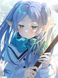 Rule 34 | 1girl, absurdres, coat, commentary request, earrings, elf, frieren, green eyes, green scarf, grey hair, highres, holding, holding stick, jewelry, pointy ears, samo cha, scarf, solo, sousou no frieren, stick, white coat, winter