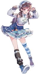 Rule 34 | 1girl, asymmetrical legwear, blue skirt, brown hair, claw pose, cropped sweater, frilled skirt, frills, hairband, highres, layered skirt, lolita hairband, long sleeves, looking at viewer, low twintails, mismatched legwear, negai wa itsuka asa wo koete (project sekai), official alternate color, official alternate costume, plaid, plaid skirt, project sekai, sha (nz2), shinonome ena, short twintails, simple background, single leg warmer, single thighhigh, skirt, solo, striped clothes, striped thighhighs, sweater, thighhighs, twintails, white background, white sweater