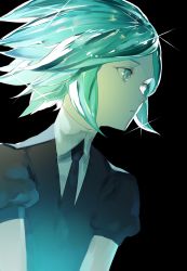 Rule 34 | 1other, absurdres, black necktie, collared shirt, eyelashes, green eyes, green hair, highres, houseki no kuni, looking to the side, matching hair/eyes, necktie, phosphophyllite, ryein, shirt, short hair, simple background, solo, sparkle