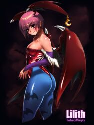 Rule 34 | 1girl, artist name, ass, bat wings, breasts, capcom, cleavage, demon girl, from side, highres, huge ass, kainanp, legs, leotard, lilith aensland, looking at viewer, pink hair, red eyes, seductive gaze, seductive smile, short hair, small breasts, smile, solo, thick thighs, thighs, thong leotard, vampire (game), wings