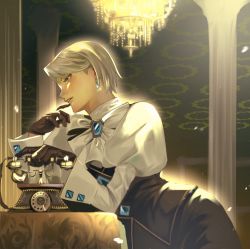 Rule 34 | 1girl, ace attorney, antique phone, blue eyes, brooch, chandelier, earrings, finger to mouth, franziska von karma, gloves, gzle02, highres, indoors, jewelry, mole, mole under eye, parted lips, phone, rotary phone, short hair, silver hair, solo, very short hair