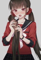 Rule 34 | 1girl, black skirt, blunt bangs, blush, bow, brown hair, collarbone, danganronpa (series), danganronpa v3: killing harmony, grey background, hair ornament, hair over shoulder, hairclip, hands up, harukawa maki, highres, holding, holding hair, io (sinking=carousel), long hair, long sleeves, looking at viewer, low twintails, mole, mole under eye, open mouth, plaid, plaid skirt, red eyes, red scrunchie, red shirt, sailor collar, scrunchie, shirt, skirt, sweat, twintails, white bow