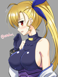 Rule 34 | 1girl, ahoge, artist name, bare shoulders, blonde hair, blush, breasts, covered erect nipples, endori, grey background, hair ornament, hair ribbon, highres, large breasts, long hair, lyrical nanoha, mahou shoujo lyrical nanoha strikers, open mouth, ponytail, red eyes, ribbon, sideboob, simple background, solo, sweat, upper body, vivio