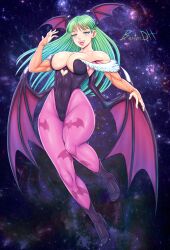 Rule 34 | 1girl, 2022, abs, absurdres, animal print, arm up, artist name, bartondh, bat print, bat wings, black footwear, blush, boots, breasts, bridal gauntlets, capcom, cleavage, clothing cutout, collarbone, commentary, covered navel, demon girl, english commentary, fangs, female focus, floating, full body, fur-trimmed leotard, fur trim, green eyes, green hair, groin, half-closed eyes, head wings, heart cutout, high heel boots, high heels, highleg, highleg leotard, highres, large breasts, leotard, long hair, looking at viewer, low wings, morrigan aensland, muscular, muscular female, nose blush, open mouth, pantyhose, pink pantyhose, smile, solo, space, spread fingers, star (sky), thick thighs, thighs, vampire (game), very long hair, wide hips, wings