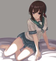 Rule 34 | 1girl, :o, arm support, bare legs, barefoot, bed sheet, blue ribbon, blue skirt, blush, breasts, brown eyes, brown hair, collarbone, fubuki (kancolle), grey background, hair tie, highres, kantai collection, light, long hair, looking at viewer, low ponytail, medium breasts, miniskirt, open mouth, oweee, pleated skirt, reclining, ribbon, shirt, short sleeves, sidelocks, simple background, skirt, solo, thighs, white shirt