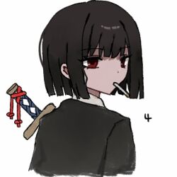 Rule 34 | 1girl, black hair, black jacket, chinese commentary, cigarette, closed mouth, commentary request, jacket, limbus company, needless (toyaco), project moon, red eyes, ryoshu (project moon), shirt, short hair, simple background, solo, straight hair, sword, weapon, white background, white shirt