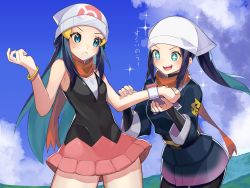 Rule 34 | + +, 2girls, :&lt;, akari (pokemon), beanie, black pantyhose, blue eyes, blush, bracelet, closed mouth, cloud, commentary request, creatures (company), dawn (pokemon), day, dress, eyelashes, game freak, hand on another&#039;s arm, hat, head scarf, highres, jewelry, katwo, long hair, multiple girls, nintendo, outdoors, pantyhose, pokemon, pokemon dppt, pokemon legends: arceus, ponytail, scarf, short dress, sidelocks, sky, sleeveless, sleeveless dress, sparkle, sweatdrop, time paradox, translation request, undershirt, white headwear