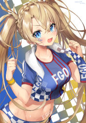 Rule 34 | 1girl, absurdres, bad id, bad pixiv id, blonde hair, blue eyes, blush, bradamante (fate), bradamante (festival outfit) (fate), braid, breasts, cheerleader, crop top, fate/grand order, fate (series), french braid, hair between eyes, hands up, heroic spirit festival outfit, highres, ishida umi, large breasts, long hair, looking at viewer, open mouth, parted bangs, smile, solo, sweat, twintails, very long hair, wristband